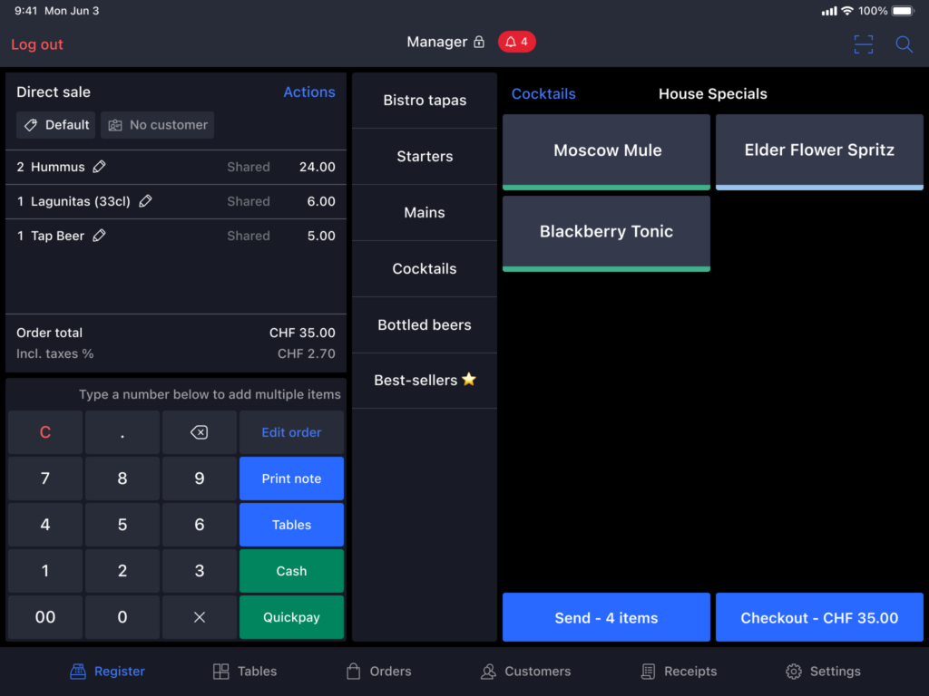 Lightspeed POS interface showing table layout and active orders